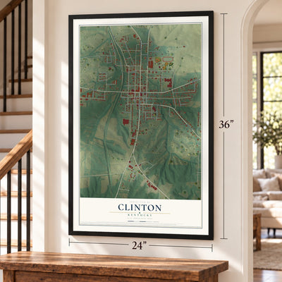 Clinton, Kentucky map, 24 x 36 inch print in a black frame by a staircase