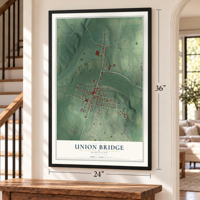 Union Bridge, Maryland map, 24 x 36 inch print in a black frame by a staircase