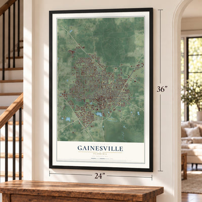 Gainesville, Florida map, 24 x 36 inch print in a black frame by a staircase