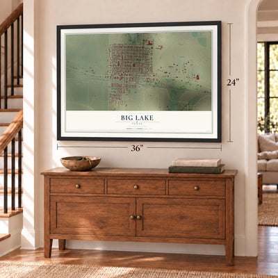Big Lake, Texas map, 24 x 36 inch print in a black frame above a dresser by a staircase