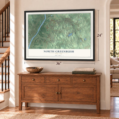 North Greenbush, New York map, 24 x 36 inch print in a black frame above a dresser by a staircase