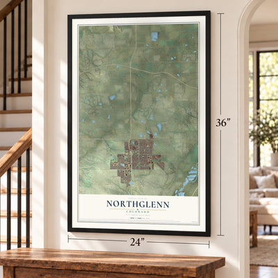 Northglenn, Colorado map, 24 x 36 inch print in a black frame by a staircase