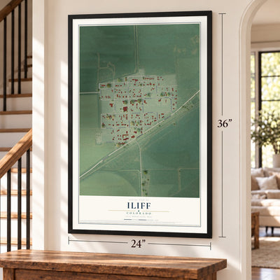 Iliff, Colorado map, 24 x 36 inch print in a black frame by a staircase