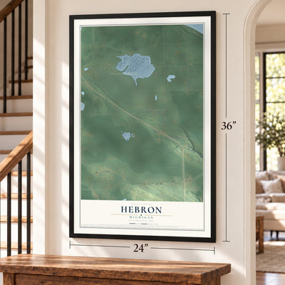Hebron, Michigan map, 24 x 36 inch print in a black frame by a staircase