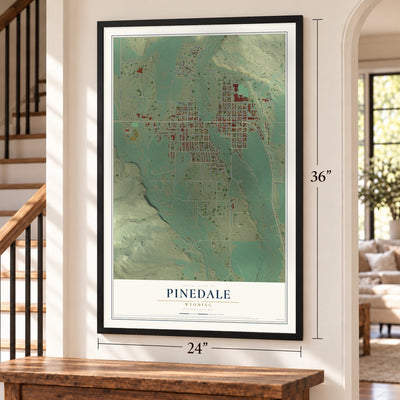 Pinedale, Wyoming map, 24 x 36 inch print in a black frame by a staircase