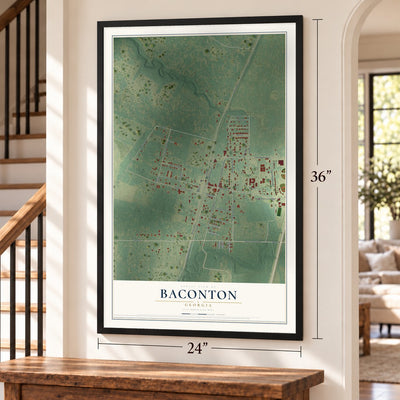 Baconton, Georgia map, 24 x 36 inch print in a black frame by a staircase