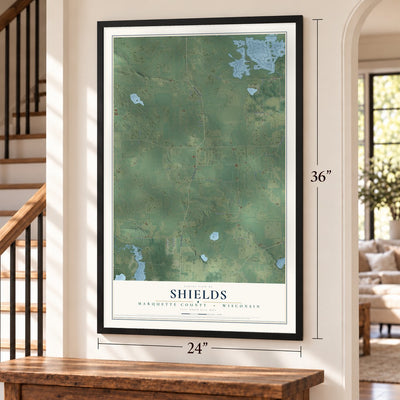 Shields, Marquette County, Wisconsin map, 24 x 36 inch print in a black frame by a staircase