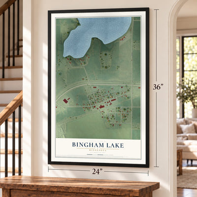 Bingham Lake, Minnesota map, 24 x 36 inch print in a black frame by a staircase
