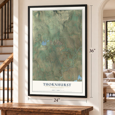 Thornhurst, Pennsylvania map, 24 x 36 inch print in a black frame by a staircase