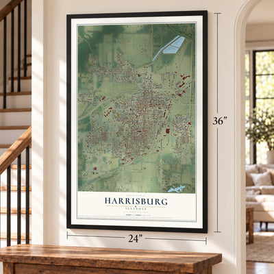 Harrisburg, Illinois map, 24 x 36 inch print in a black frame by a staircase