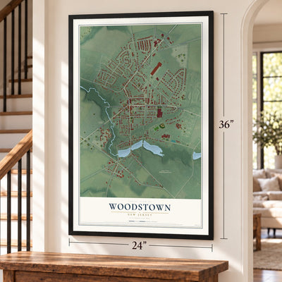 Woodstown, New Jersey map, 24 x 36 inch print in a black frame by a staircase