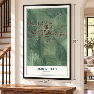 Oldenburg, Indiana map, 24 x 36 inch print in a black frame by a staircase