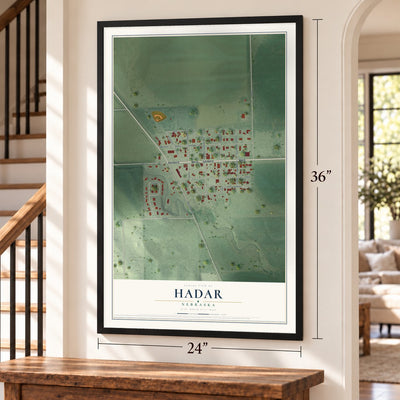 Hadar, Nebraska map, 24 x 36 inch print in a black frame by a staircase