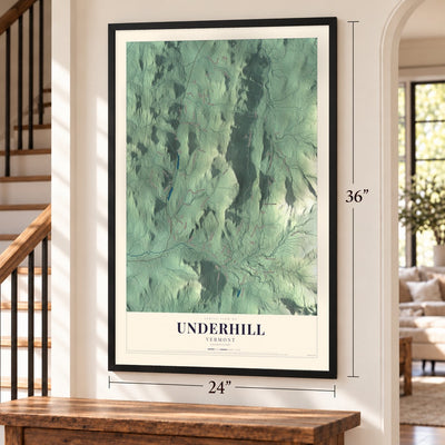 Underhill, Vermont map, 24 x 36 inch print in a black frame by a staircase