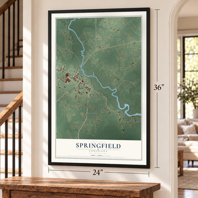 Springfield, Louisiana map, 24 x 36 inch print in a black frame by a staircase