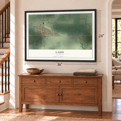 Ladd, Illinois map, 24 x 36 inch print in a black frame above a dresser by a staircase