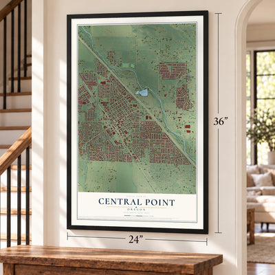 Central Point, Oregon map, 24 x 36 inch print in a black frame by a staircase