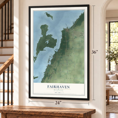 Fairhaven, Michigan map, 24 x 36 inch print in a black frame by a staircase