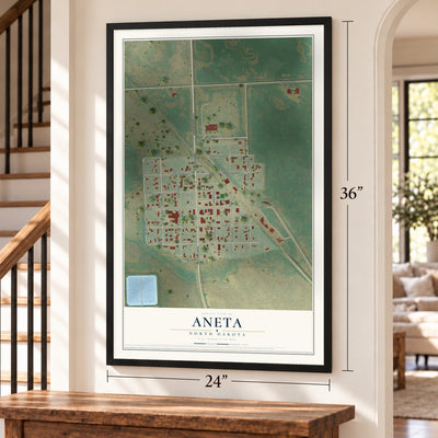 Aneta, North Dakota map, 24 x 36 inch print in a black frame by a staircase