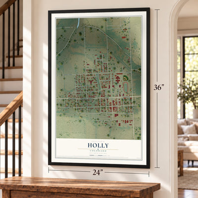 Holly, Colorado map, 24 x 36 inch print in a black frame by a staircase