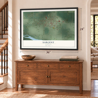 Sargent, Nebraska map, 24 x 36 inch print in a black frame above a dresser by a staircase