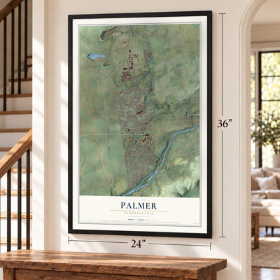 Palmer, Pennsylvania map, 24 x 36 inch print in a black frame by a staircase
