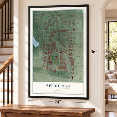 Reedurban, Ohio map, 24 x 36 inch print in a black frame by a staircase