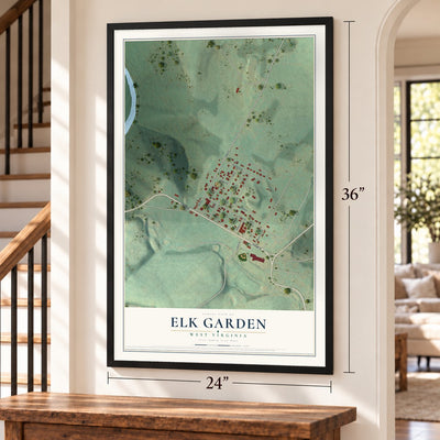 Elk Garden, West Virginia map, 24 x 36 inch print in a black frame by a staircase