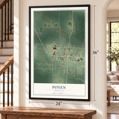Poyen, Arkansas map, 24 x 36 inch print in a black frame by a staircase
