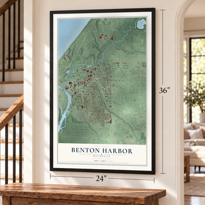 Benton Harbor, Michigan map, 24 x 36 inch print in a black frame by a staircase