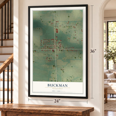 Buckman, Minnesota map, 24 x 36 inch print in a black frame by a staircase