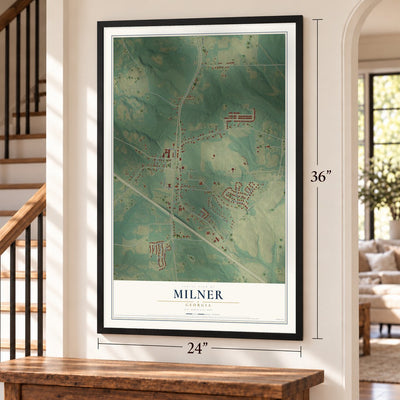 Milner, Georgia map, 24 x 36 inch print in a black frame by a staircase
