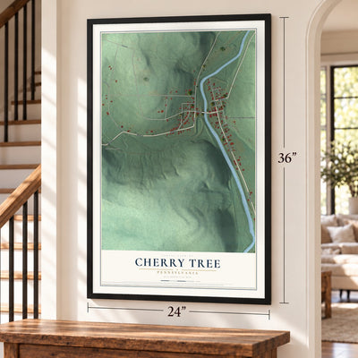 Cherry Tree, Pennsylvania map, 24 x 36 inch print in a black frame by a staircase