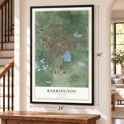 Barrington, Illinois map, 24 x 36 inch print in a black frame by a staircase
