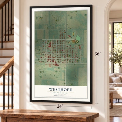 Westhope, North Dakota map, 24 x 36 inch print in a black frame by a staircase