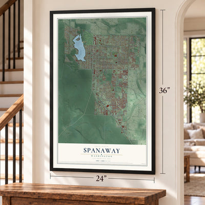 Spanaway, Washington map, 24 x 36 inch print in a black frame by a staircase