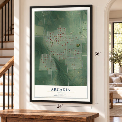 Arcadia, Kansas map, 24 x 36 inch print in a black frame by a staircase