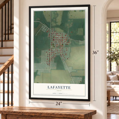 Lafayette, Ohio map, 24 x 36 inch print in a black frame by a staircase