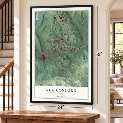 New Concord, Ohio map, 24 x 36 inch print in a black frame by a staircase