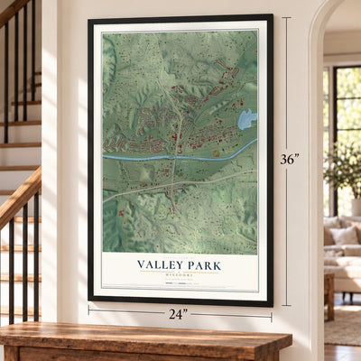 Valley Park, Missouri map, 24 x 36 inch print in a black frame by a staircase