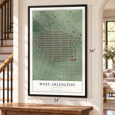 West Arlington, Maryland map, 24 x 36 inch print in a black frame by a staircase