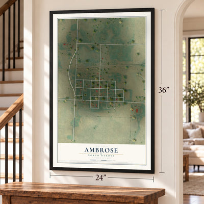 Ambrose, North Dakota map, 24 x 36 inch print in a black frame by a staircase