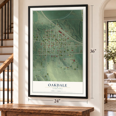 Oakdale, Nebraska map, 24 x 36 inch print in a black frame by a staircase