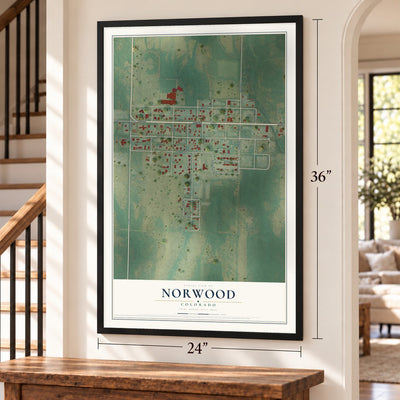 Norwood, Colorado map, 24 x 36 inch print in a black frame by a staircase