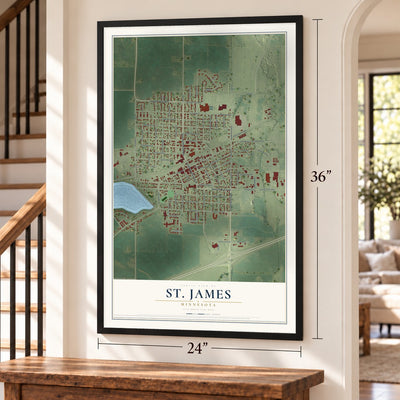 St. James, Minnesota map, 24 x 36 inch print in a black frame by a staircase