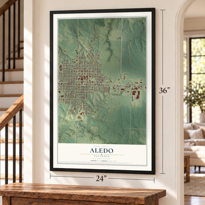 Aledo, Illinois map, 24 x 36 inch print in a black frame by a staircase