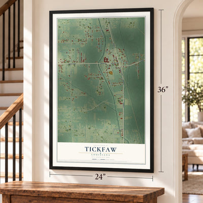 Tickfaw, Louisiana map, 24 x 36 inch print in a black frame by a staircase
