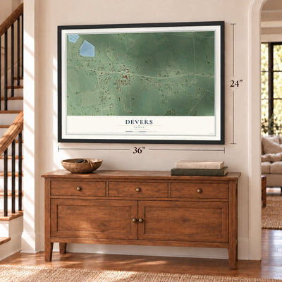 Devers, Texas map, 24 x 36 inch print in a black frame above a dresser by a staircase