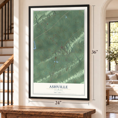Ashville, Alabama map, 24 x 36 inch print in a black frame by a staircase