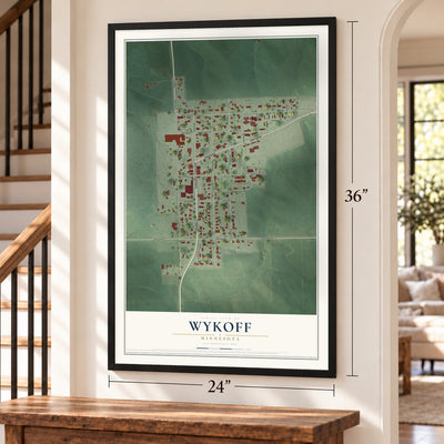 Wykoff, Minnesota map, 24 x 36 inch print in a black frame by a staircase